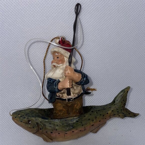 Vintage Fishing Santa Claus Christmas Ornament In a Fish Boat - Picture 2 of 5